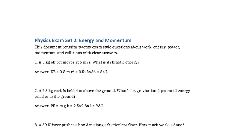 Physics Exam Set 2: Energy & Momentum Questions and Answers - Studocu