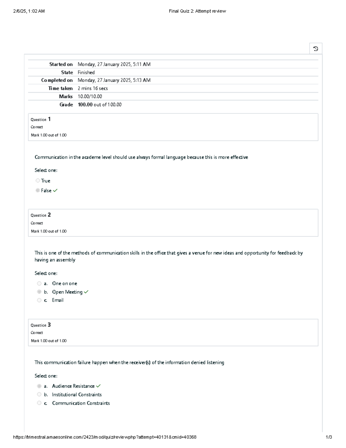 Final Quiz 2 Attempt review - Started on Monday, 27 January 2025, 5:11 ...