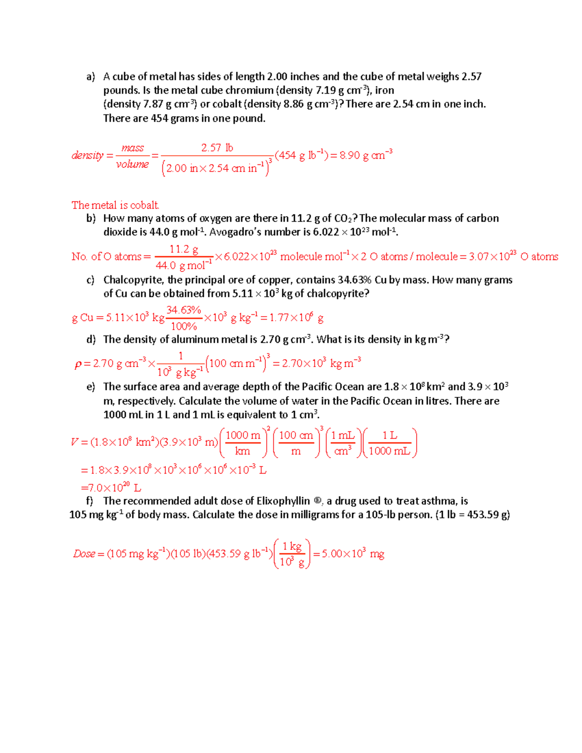 Dimensional Analysis Practice Problem Solutions (CHEM 101) - Studocu