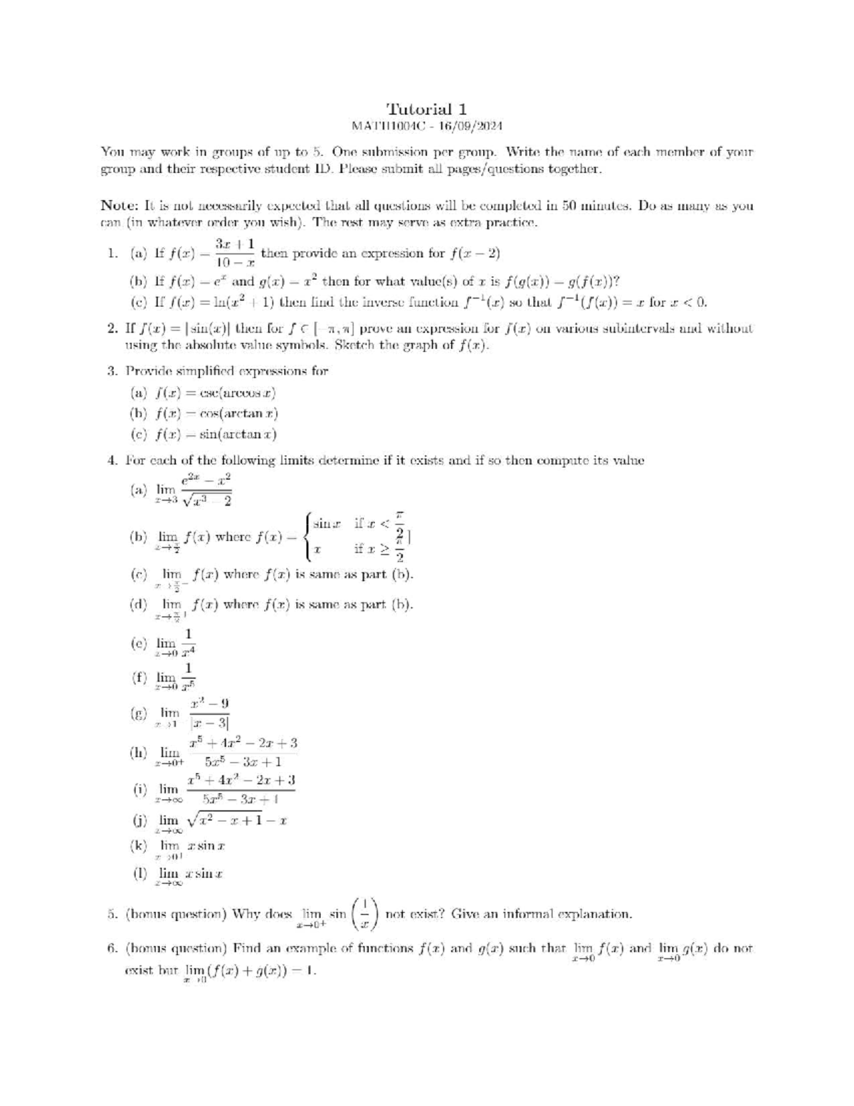 Tutorial 1 - MATH1004C Calculus for Engineering or Physics - Studocu