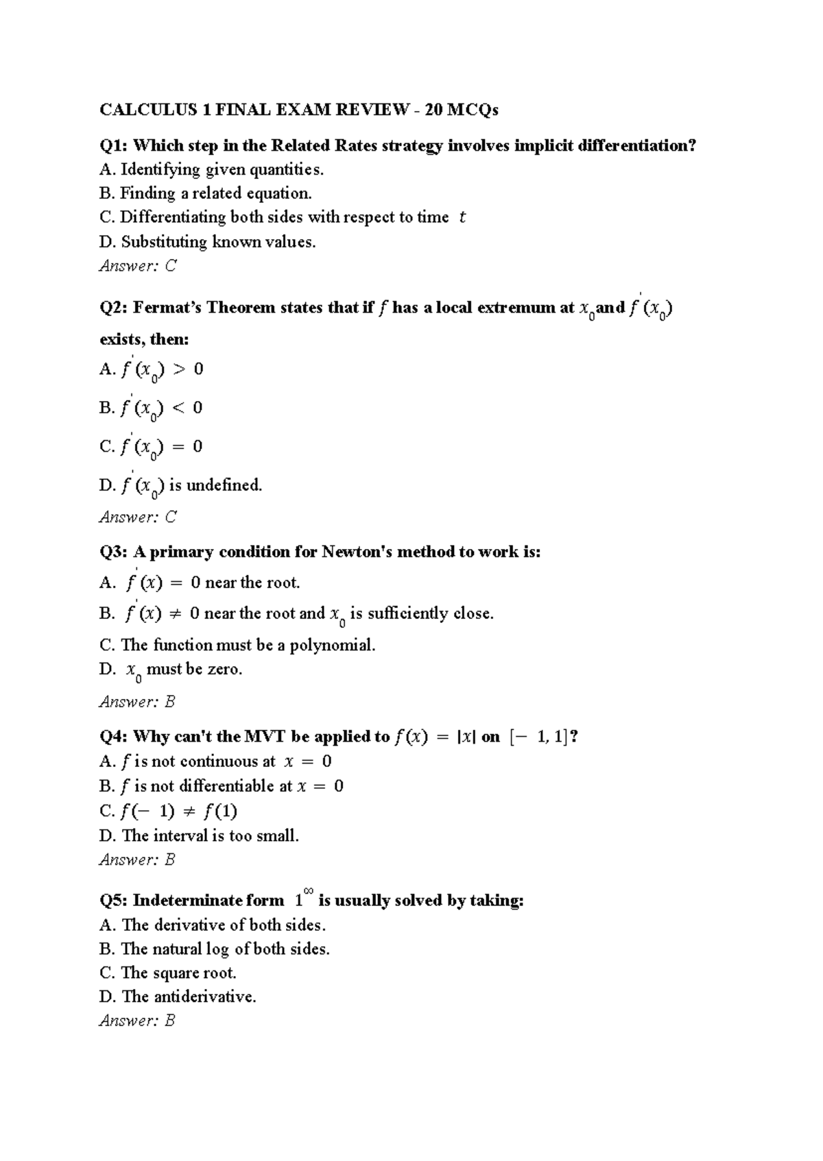 CALCULUS 1 FINAL EXAM REVIEW: 20 MCQs for Tutoring - Studocu
