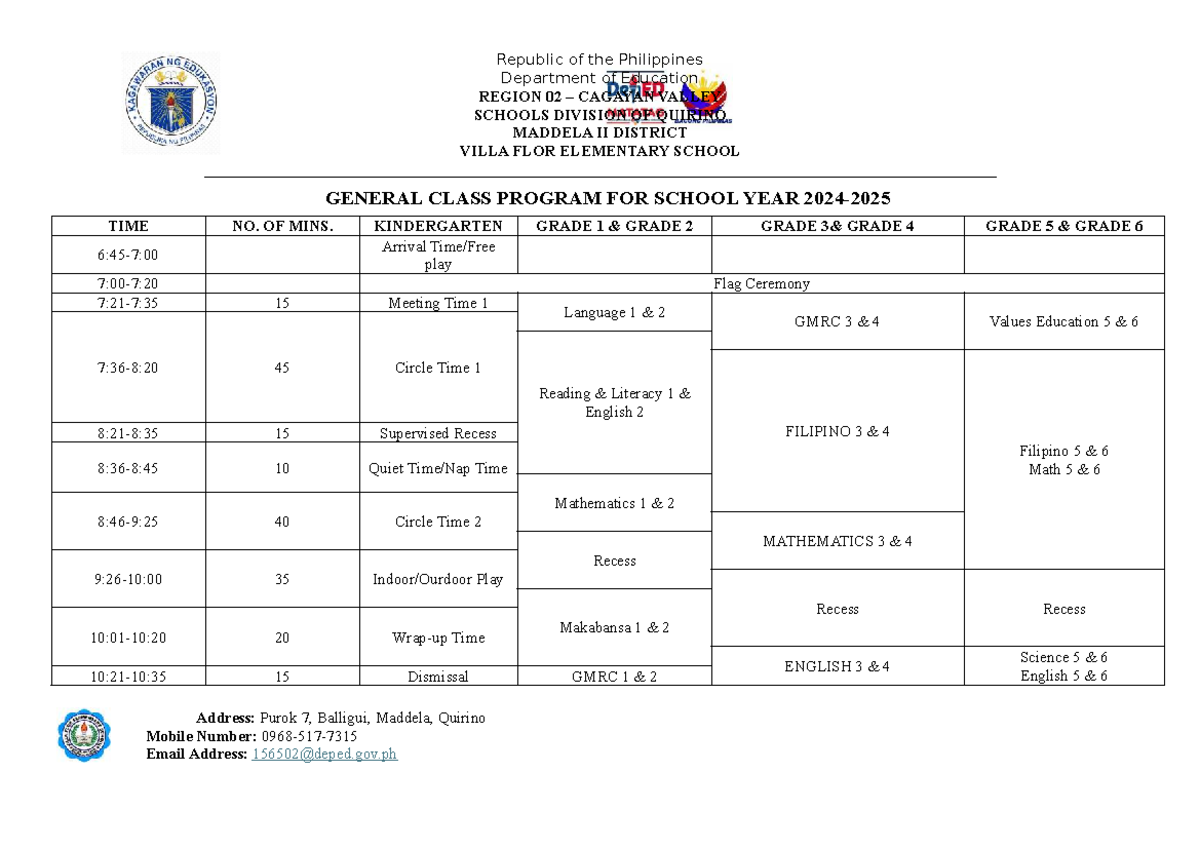 General Class Program SY 2024-2025 for Villa Flor Elementary School ...