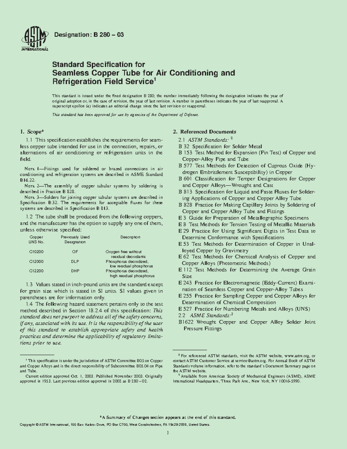 ASTM B280 03 Standard Spec for Seamless Copper Tube in A/C ...