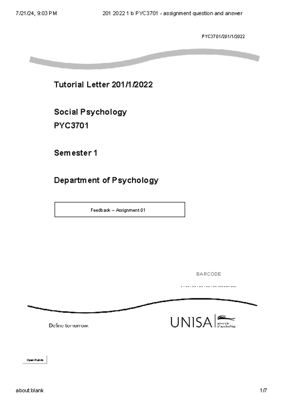 PYC3701 2022 Semester 1 Assignment 01 Feedback and Answers - Studocu