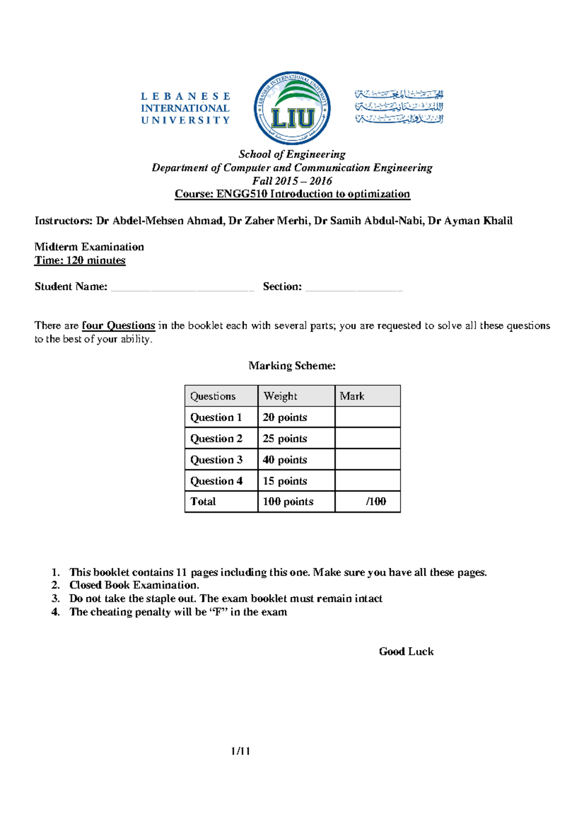 ENGG510-Midterm-Exam-Optimization-Fall2015 - Studocu