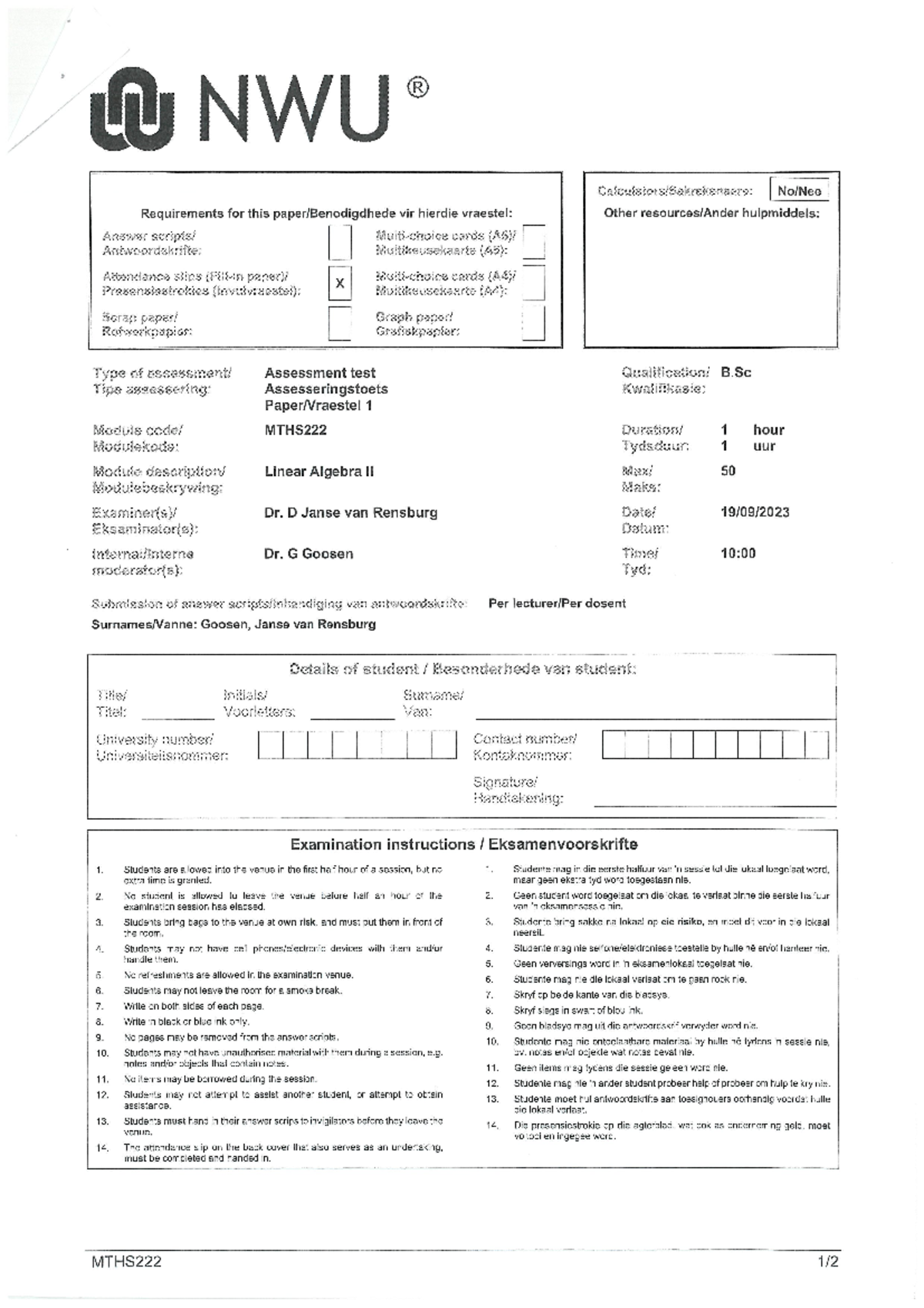 MTHS222 Semester Test Memo - Linear Algebra II Examination Guidelines ...