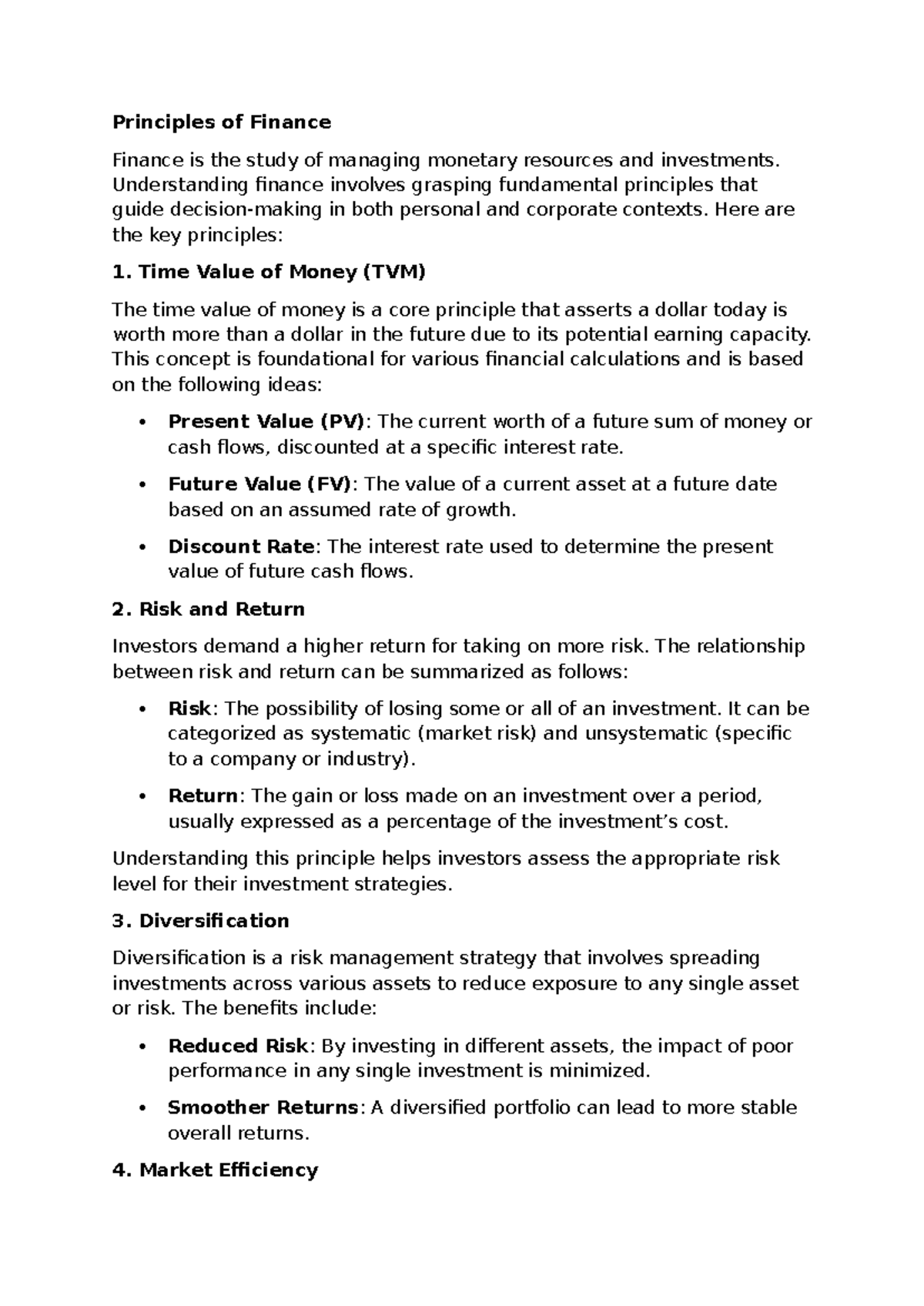 Principles of finance summary - Principles of Finance Finance is the ...