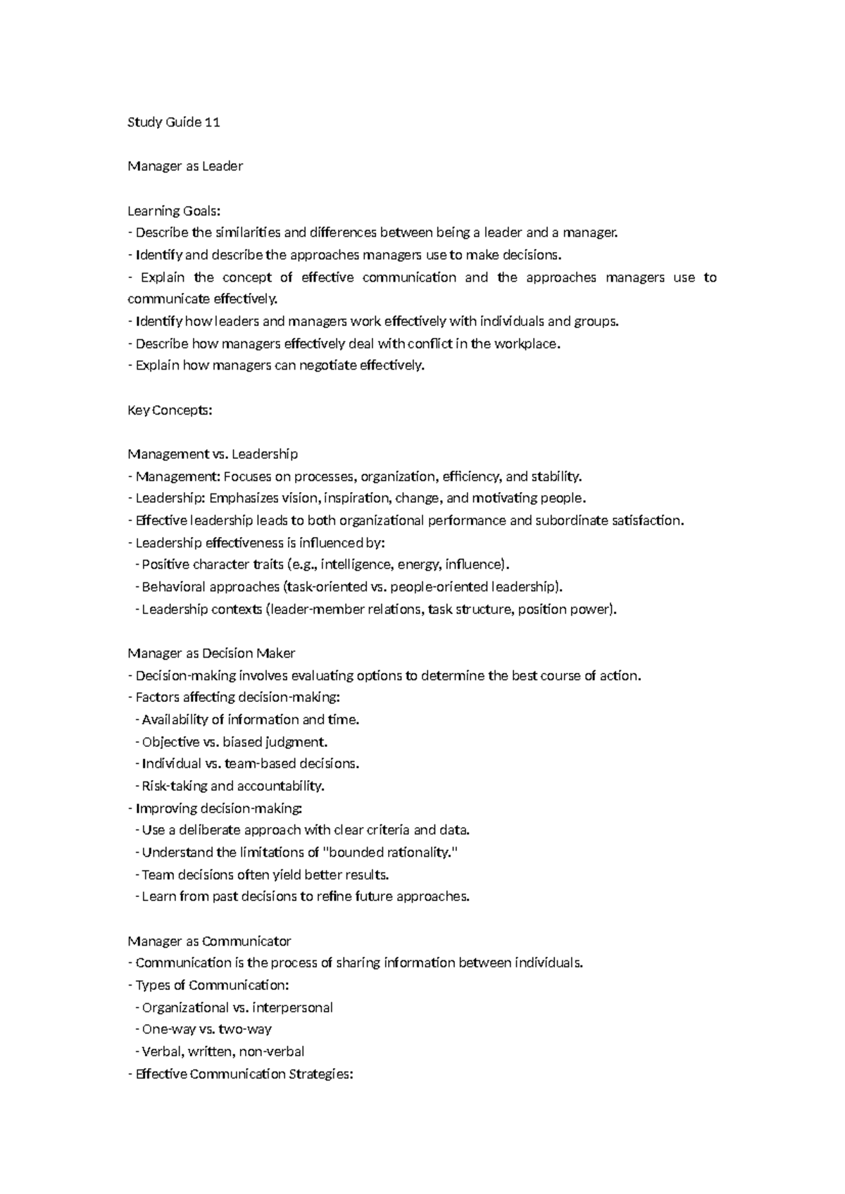 Study Guide #11: Manager as Leader - Key Concepts & Strategies - Studocu