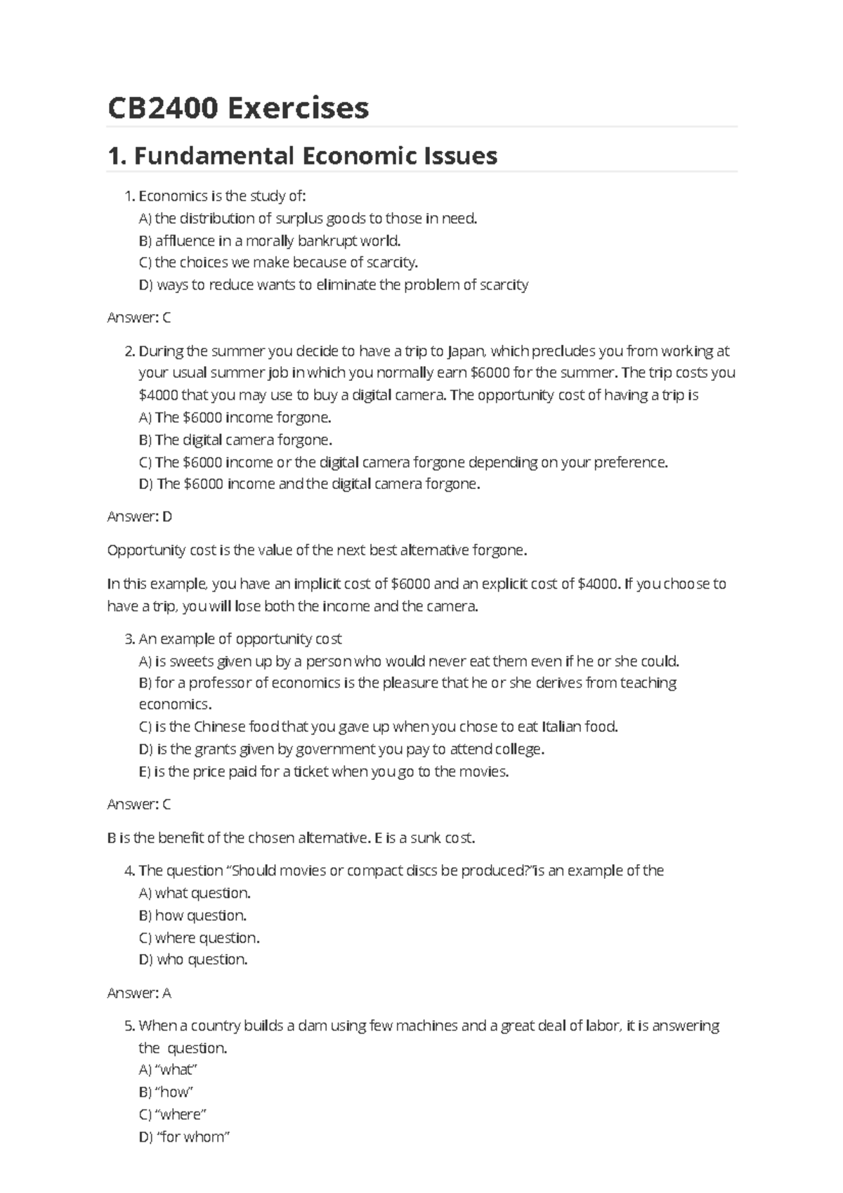 CB2400 Microeconomics Exercises: Key Concepts and Answers - Studocu