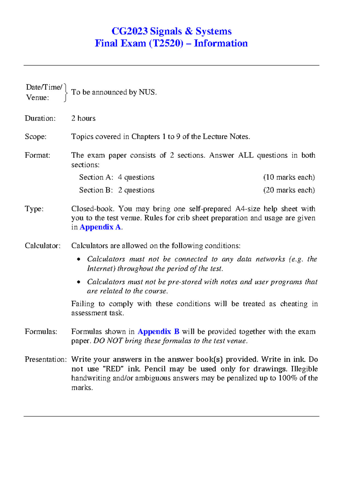 CG2023 Signals & Systems Final Exam (T2520) Guidelines - Studocu