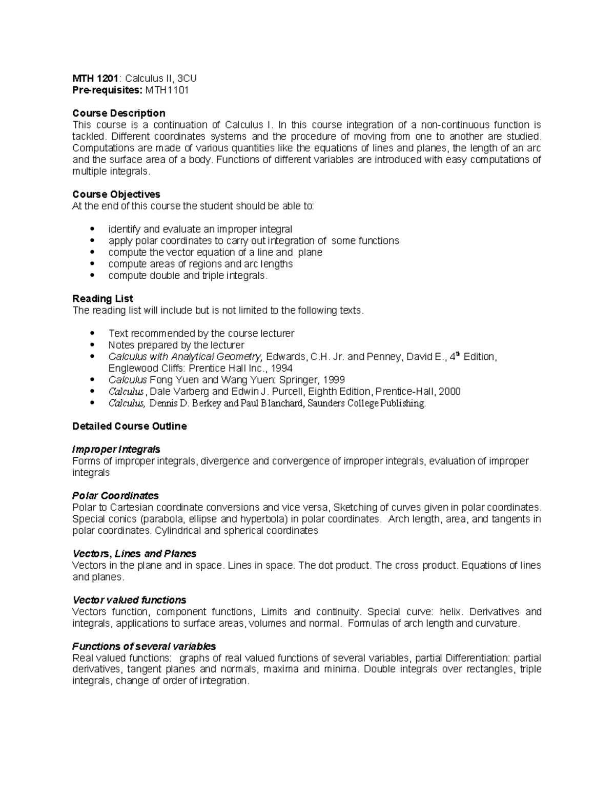 MTH 1201: Calculus II Course Overview and Objectives - Studocu