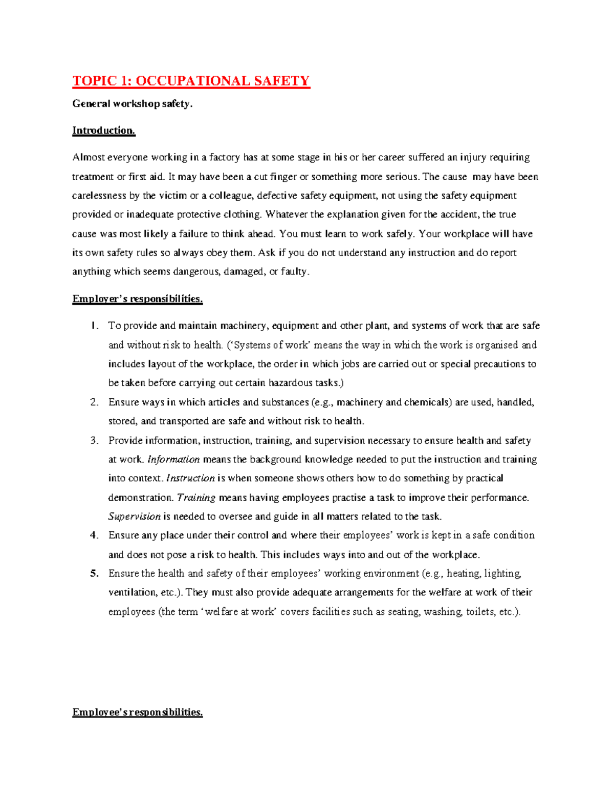 Workshop topic 1 (2-15) - TOPIC 1: OCCUPATIONAL SAFETY General workshop ...