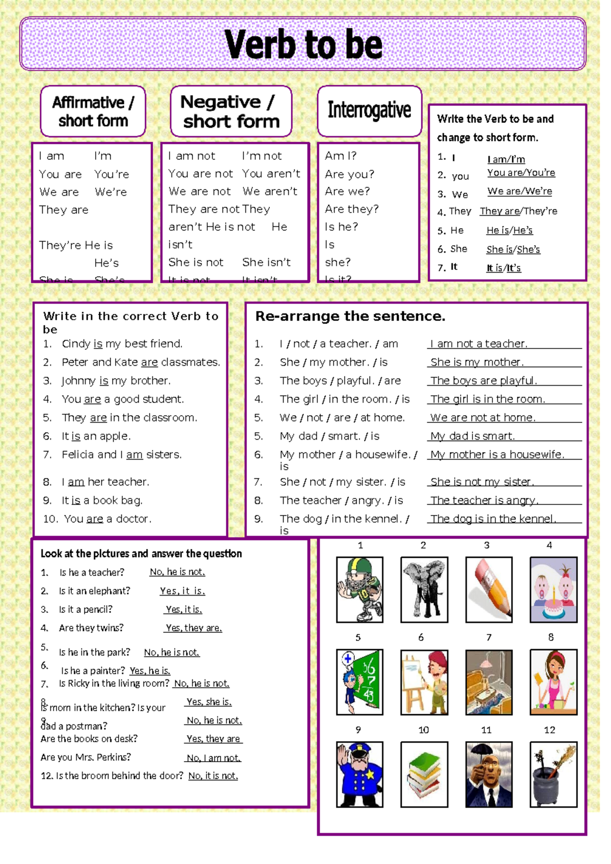 VERB BE Worksheet - Short Forms & Sentence Completion - Studocu