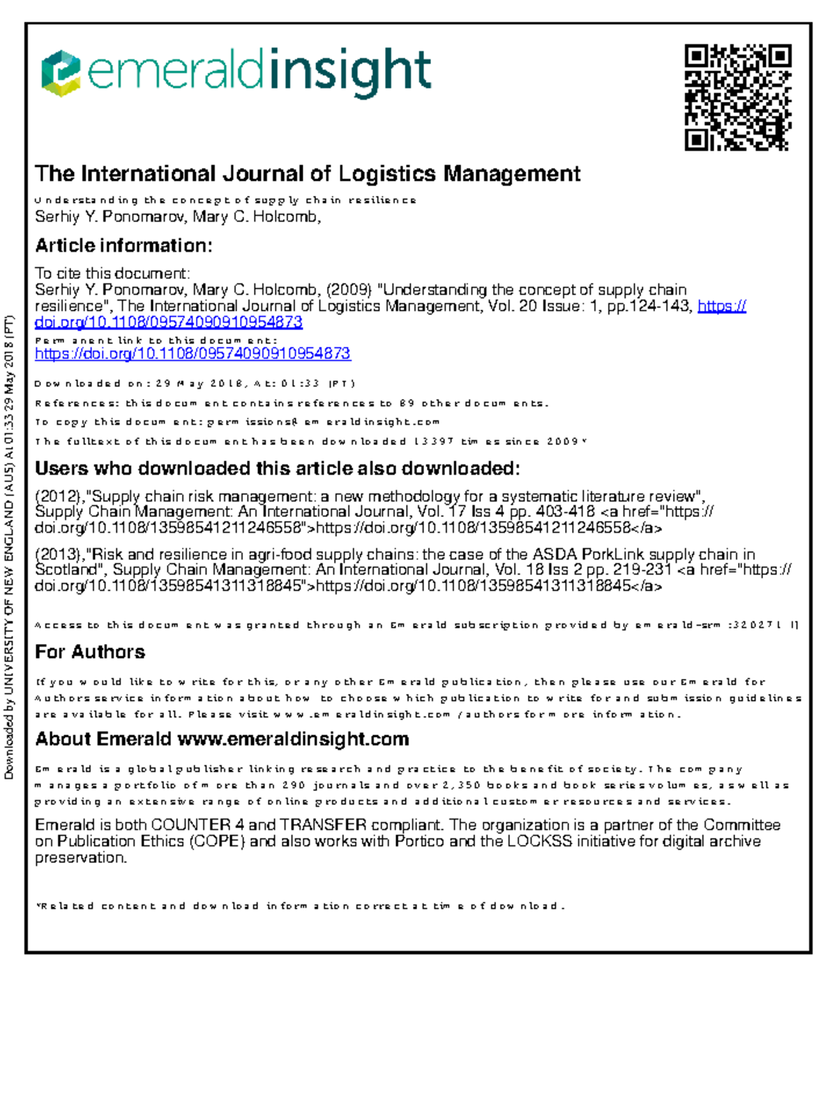 IJLM 20,1 Understanding Supply Chain Resilience: A Comprehensive Review ...