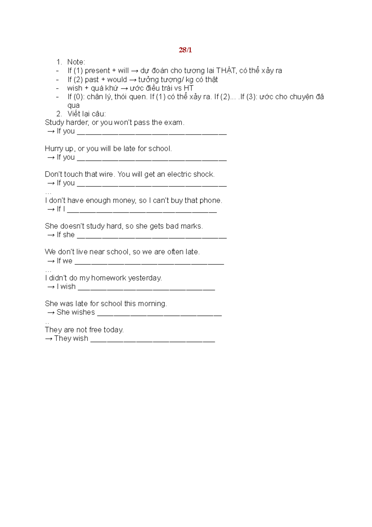 28:1 - Conditional Sentences and Wishes Practice - Studocu