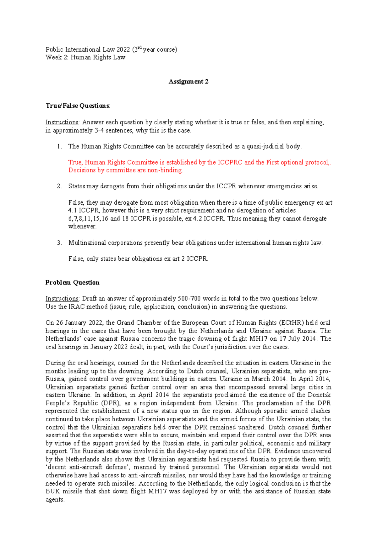Assignment Week 2 PIL: Human Rights Law & Case Analysis - Studeersnel