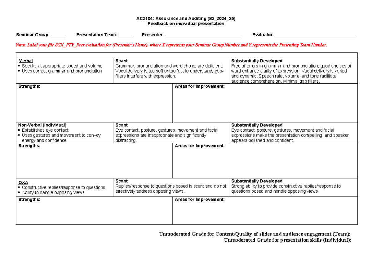 AC2104 Template for Peer Evaluation of Presentation Skills S2 2024 25 ...