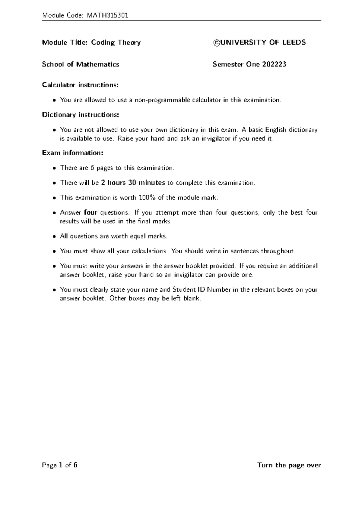 23 MATH3153: Coding Theory Final Exam Instructions and Questions - Studocu