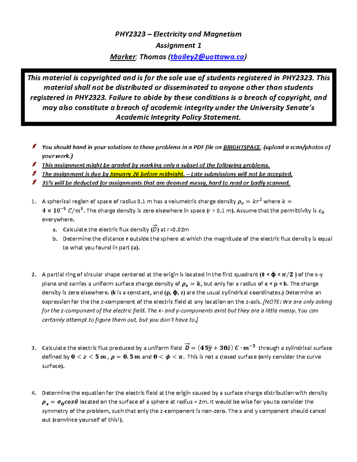 Assignment 1 - PHY2323 – Electricity and Magnetism Assignment 1 Marker ...