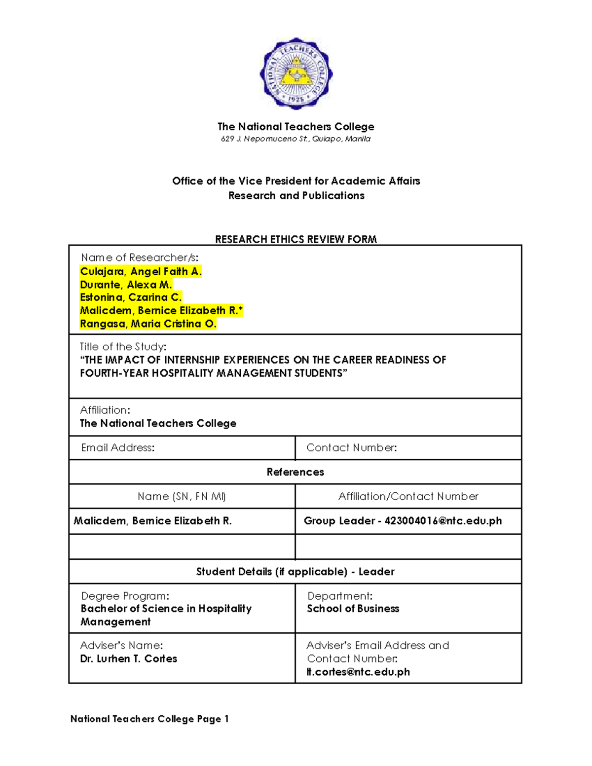 Group 3 - R1 Research Ethics Review Form for Hospitality Management ...