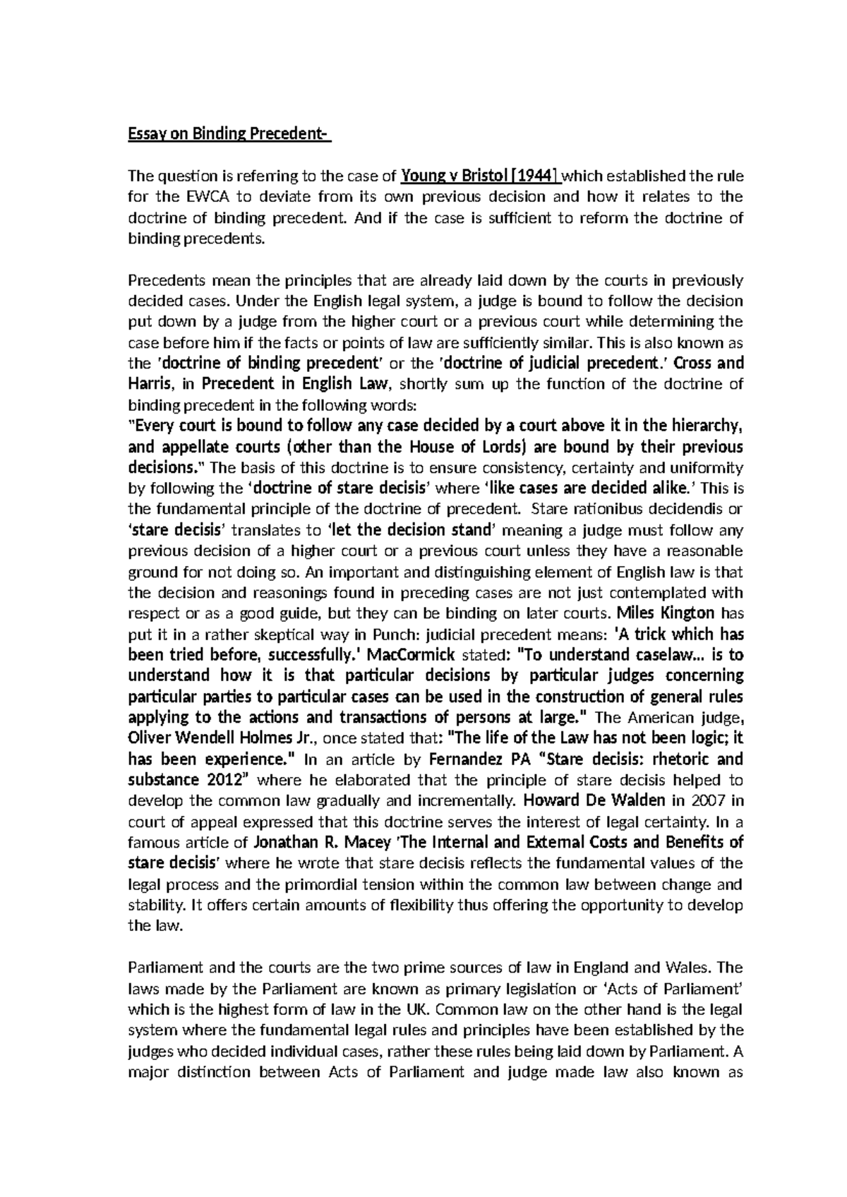 Essay on Binding Precedent - And if the case is sufficient to reform ...