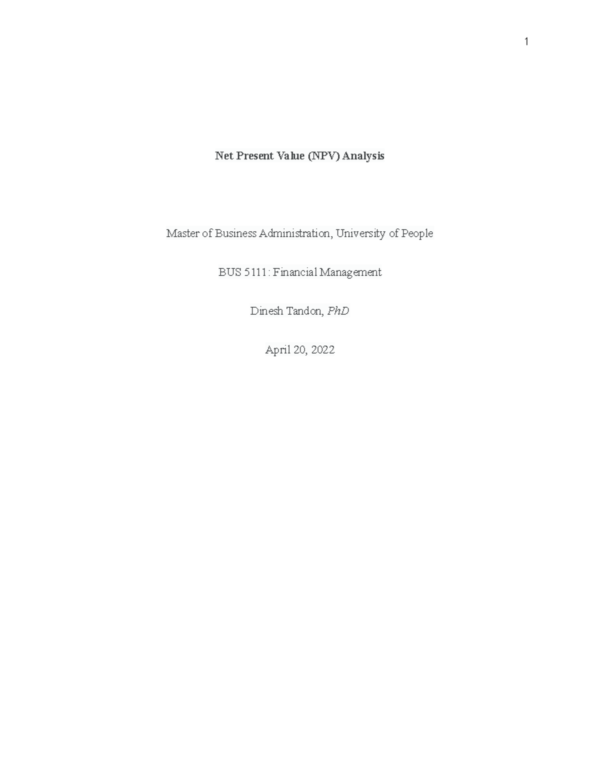 Net Present Value assignment - Net Present Value (NPV) Analysis Master ...
