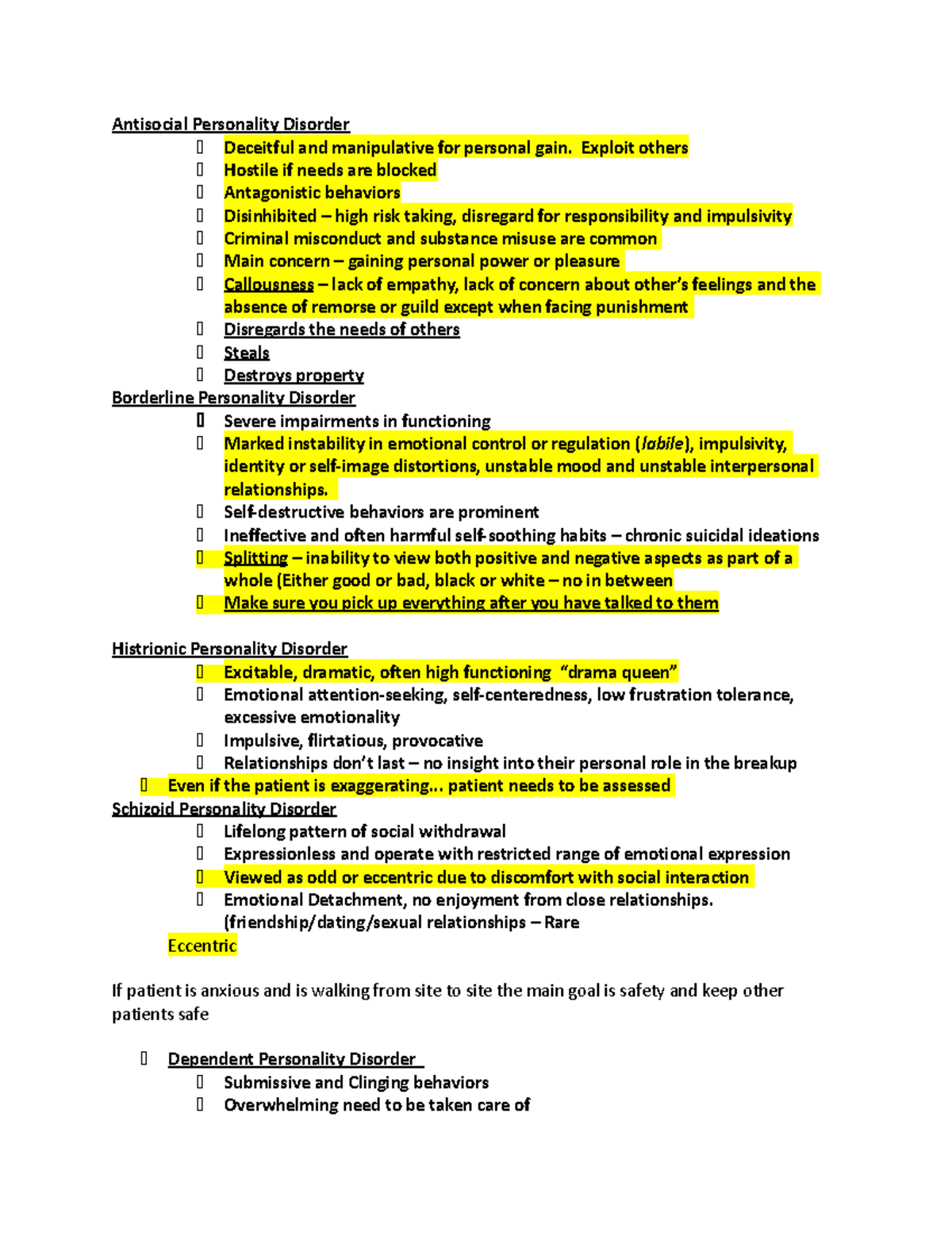 NUR 256 Exam 3 Study Notes: Personality Disorders Overview - Studocu