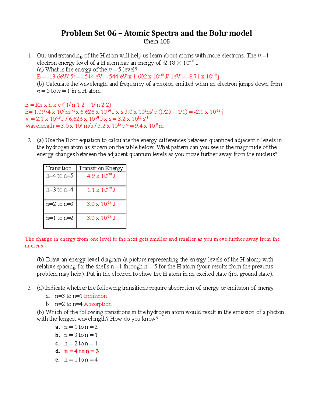CHEM 105 Problem Set 6: Atomic Spectra & Bohr Model Solutions - Studocu