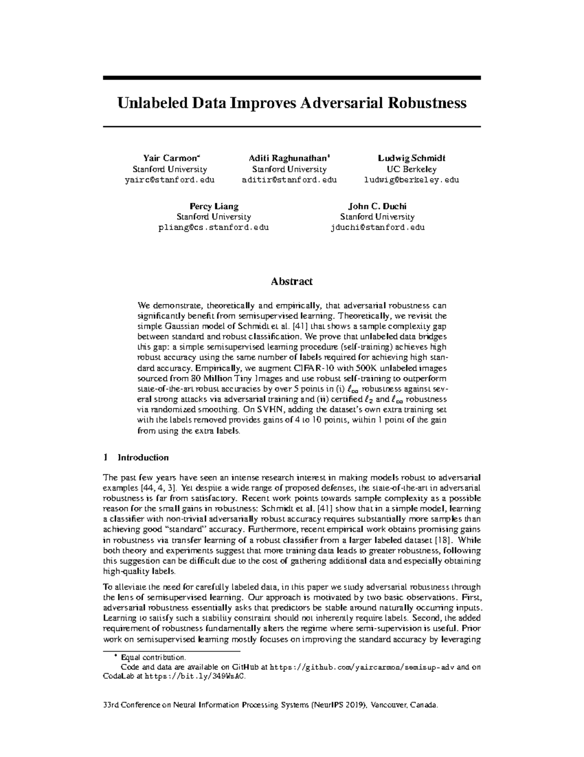 NeurIPS 2019: Unlabeled Data Enhances Adversarial Robustness - Studocu