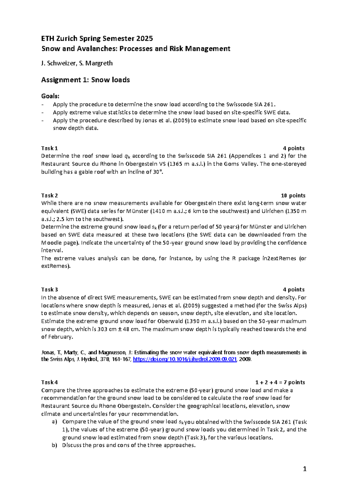 ETH Zurich Spring Semester 2025 - Assignment 1: Snow Load Analysis ...
