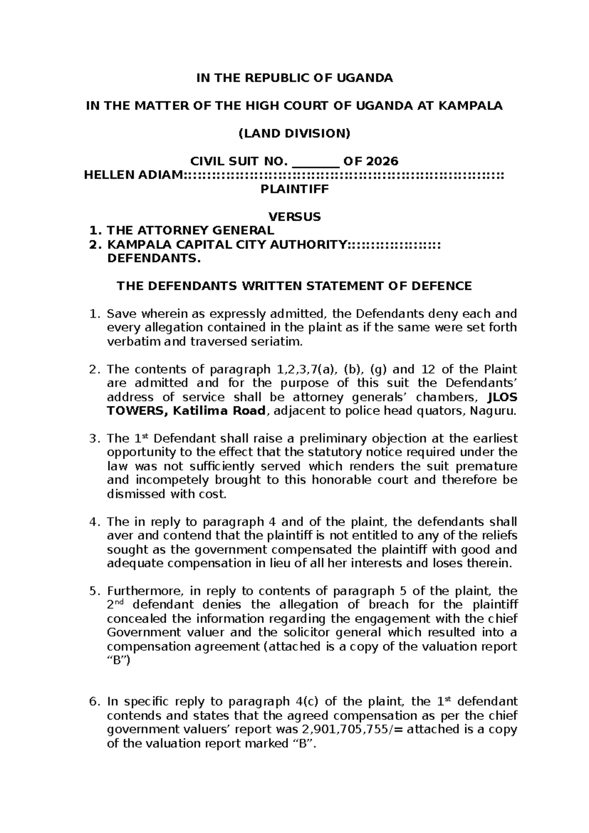 WSD FOR AG1 - Written Statement of Defence in Civil Suit 2026 - Studocu
