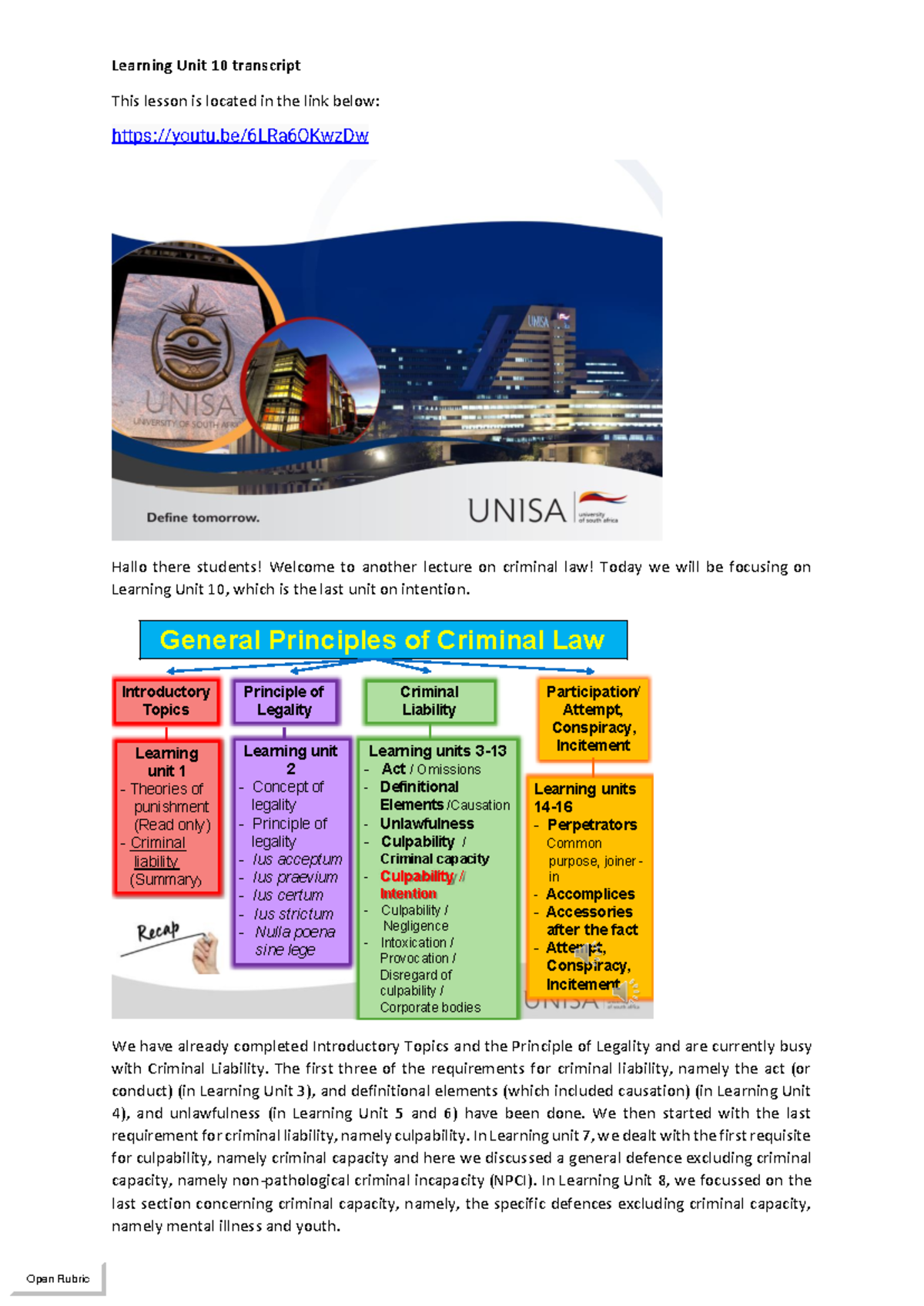 CRW2601 Lecture: Understanding Intention in Criminal Law (Unit 10 ...