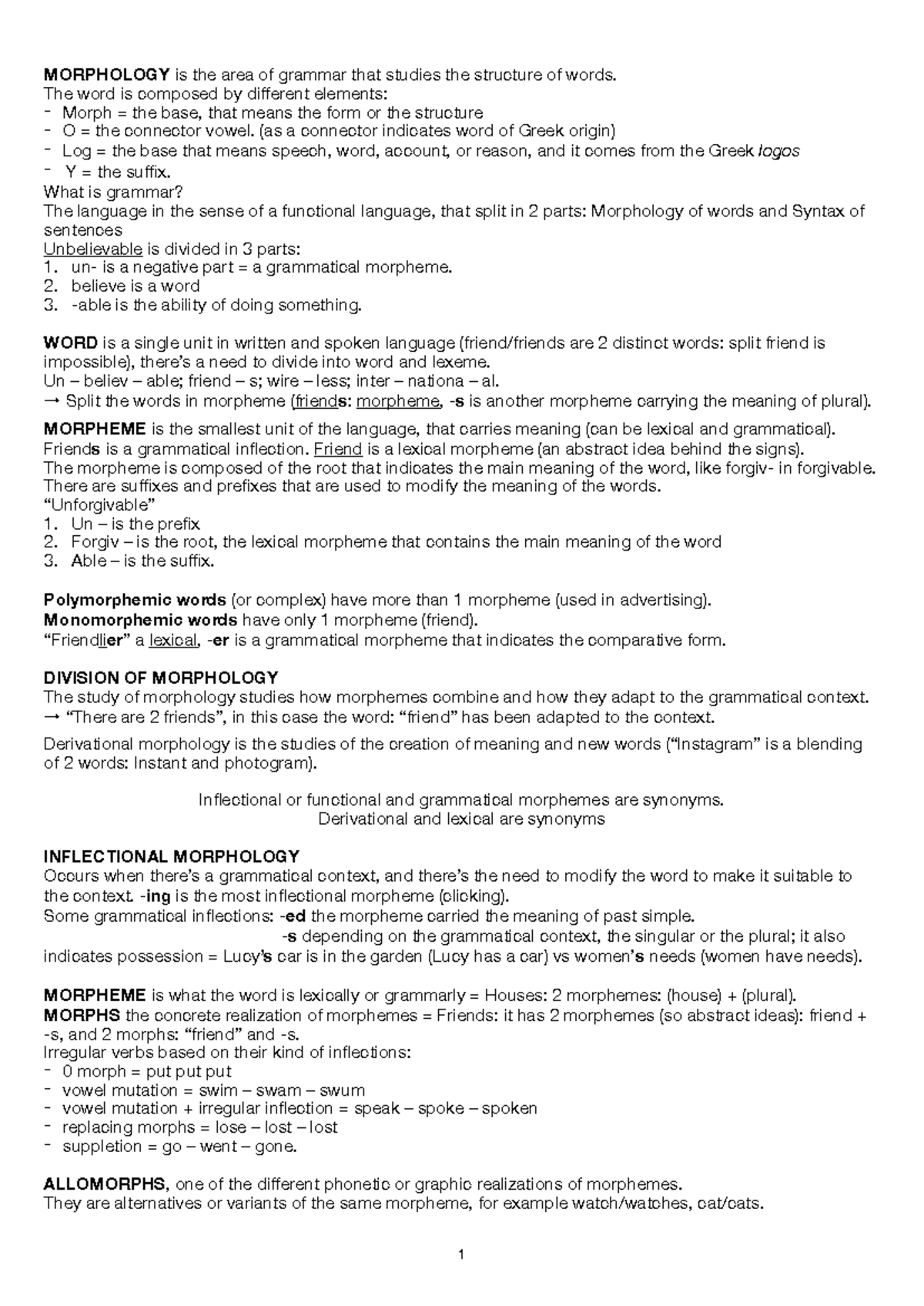 Morphology Study Notes (ENG 101) - Understanding Word Structure - Studocu