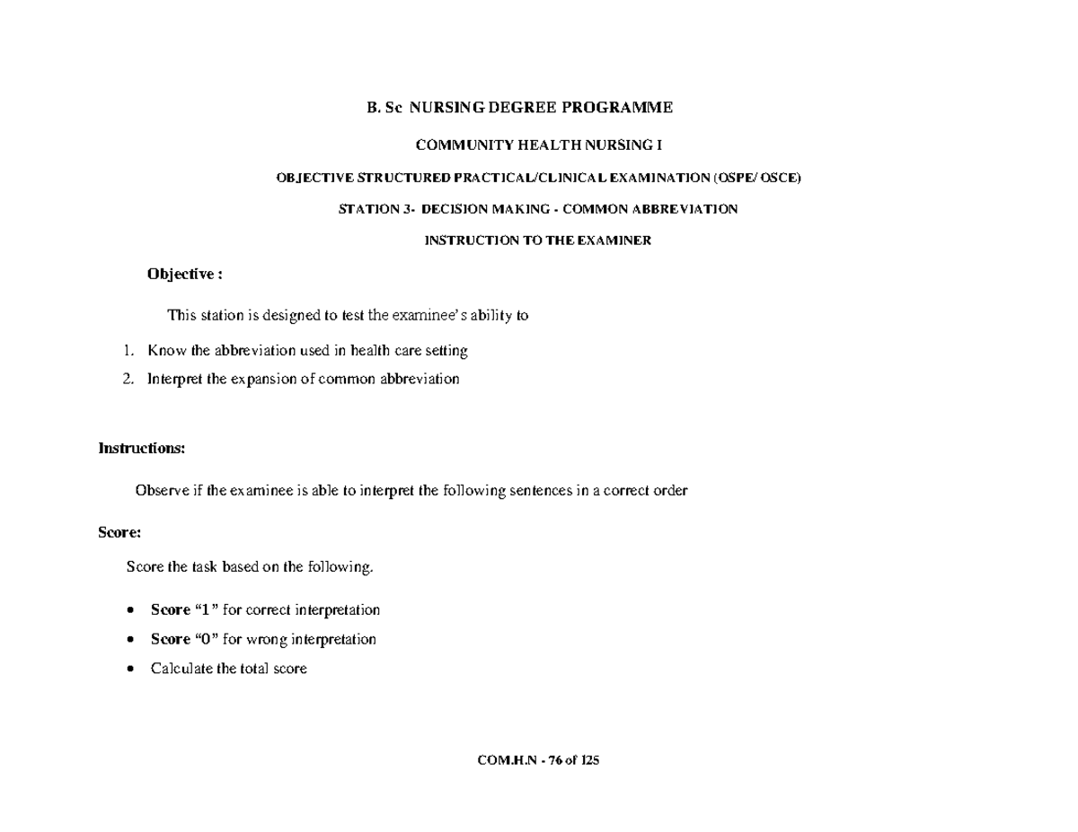 B. Sc NURSING COMMUNITY HEALTH NURSING I OSCE STATION 3: COMMON ...