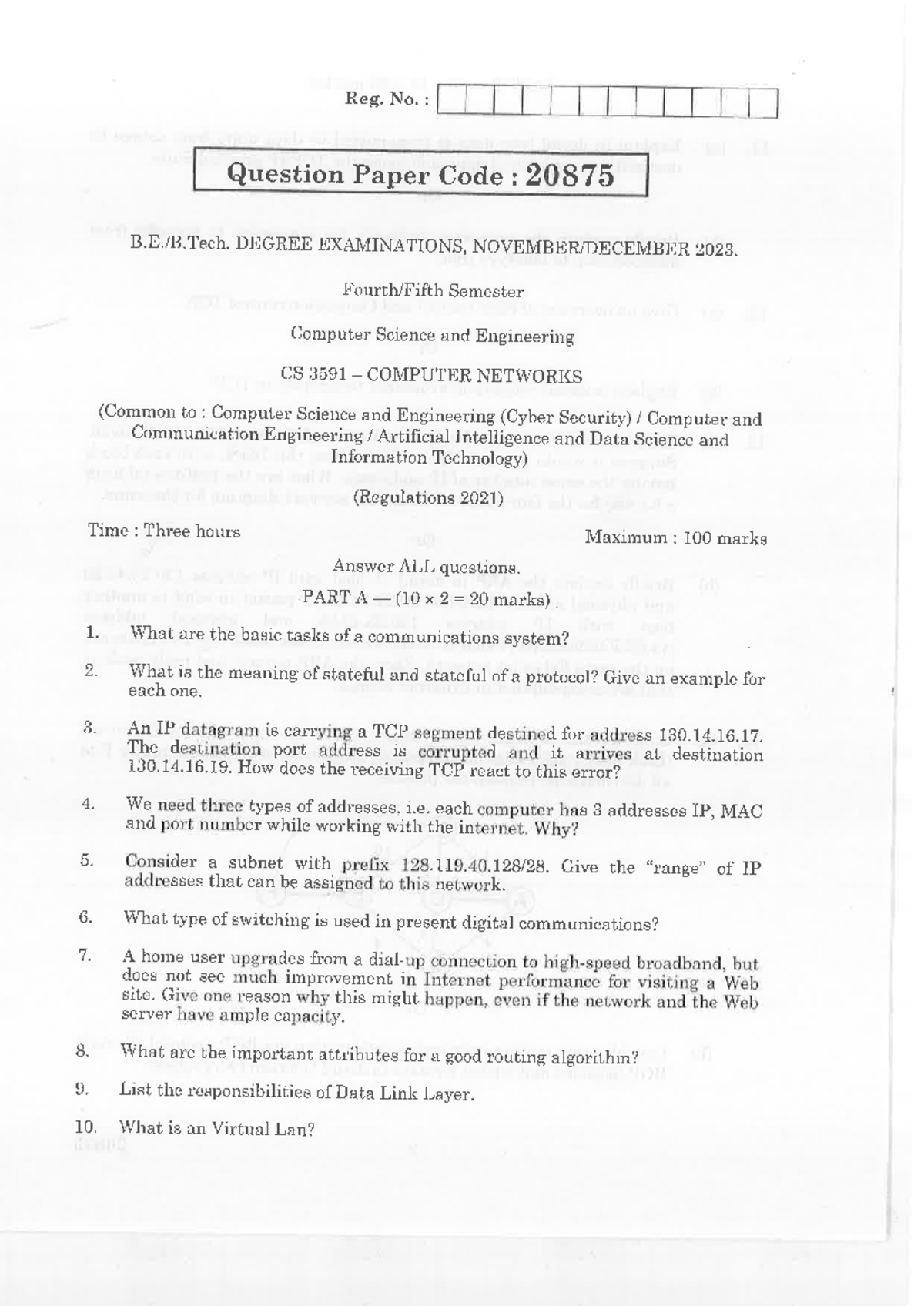 CSE-ND-2023-CS 3591-Computer Networks-Exam Paper 20875 - Studocu