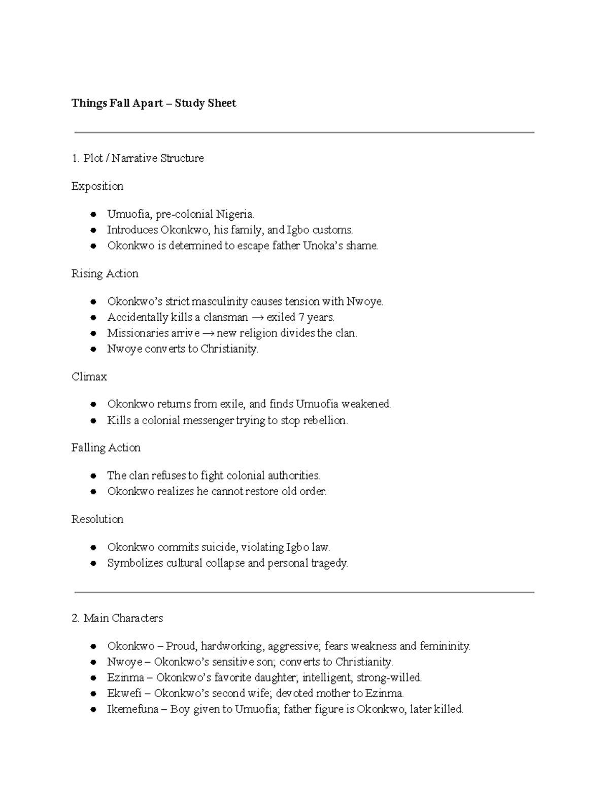 Things Fall Apart (ENG 101) Study Sheet: Plot, Characters & Themes ...