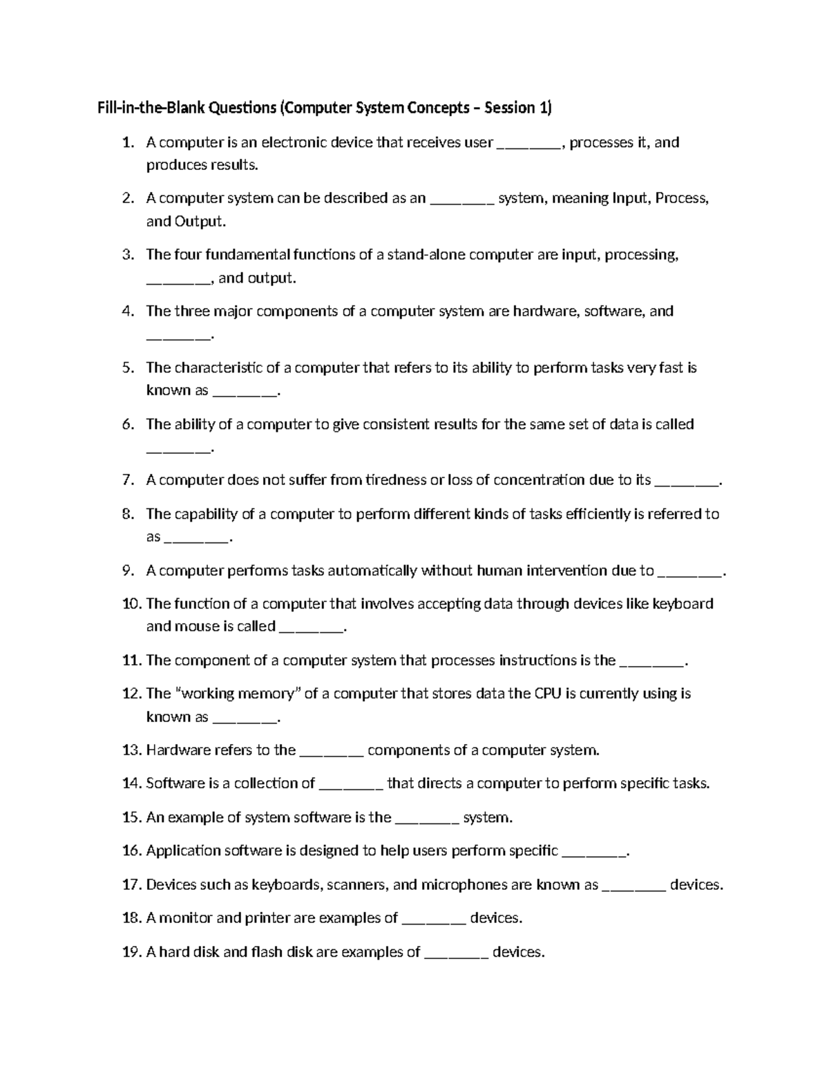 Computer System Concepts Quiz Questions (CS101) - Studocu