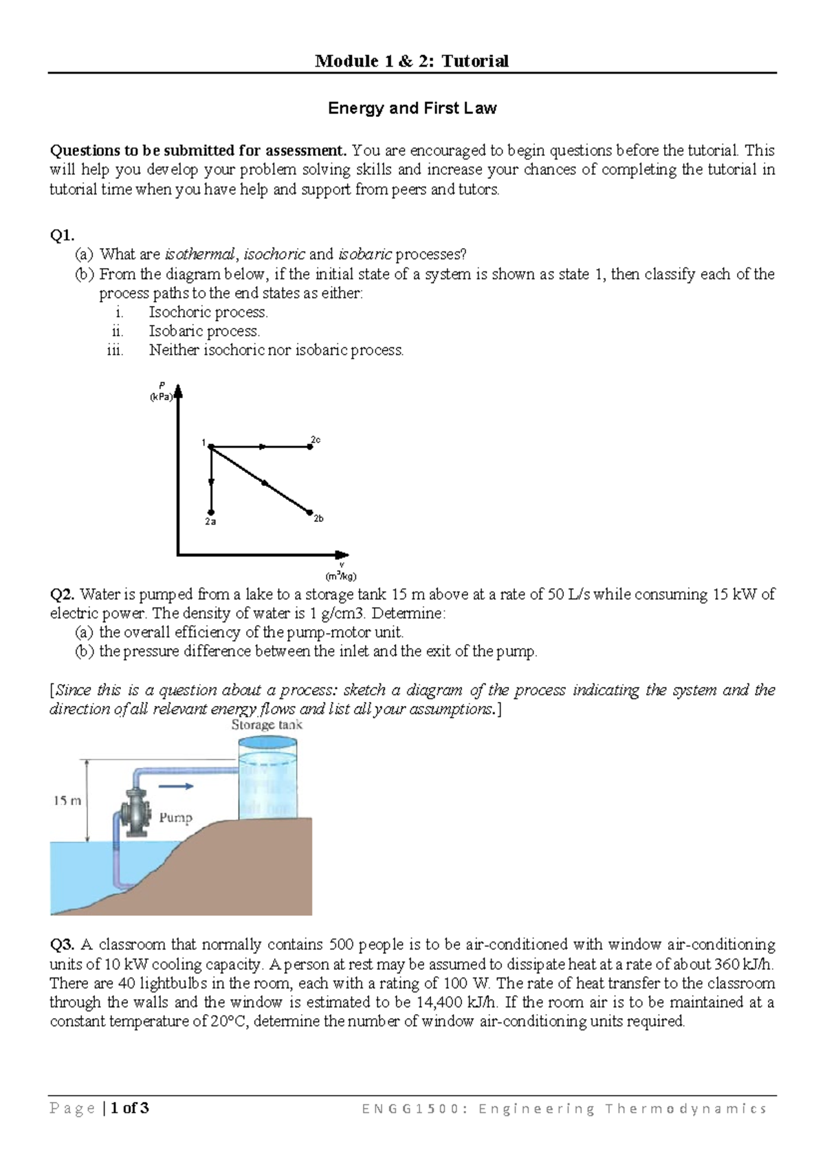 ENGG1500: Thermodynamics Module 1 & 2 Tutorial Questions for Assessment ...