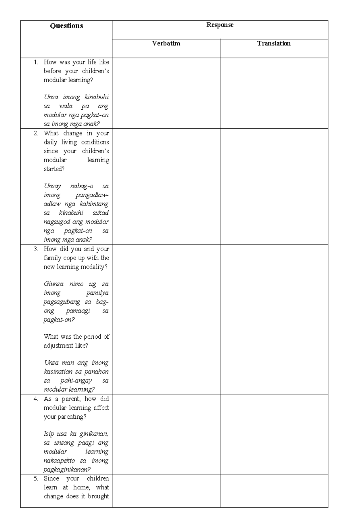 PED10 Interview Questions - Questions Response Verbatim Translation 1 ...