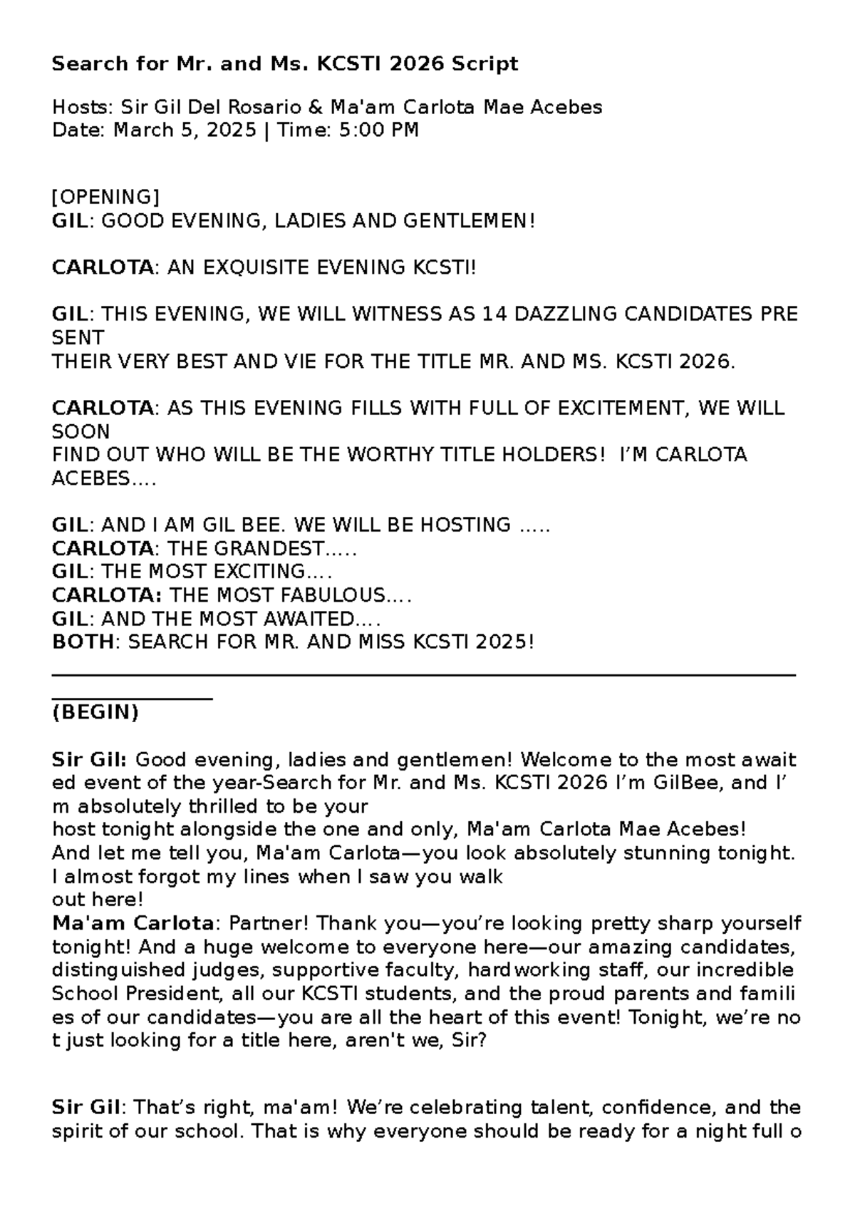 Search for Mr. and Ms. KCSTI 2026: Event Script and Highlights - Studocu