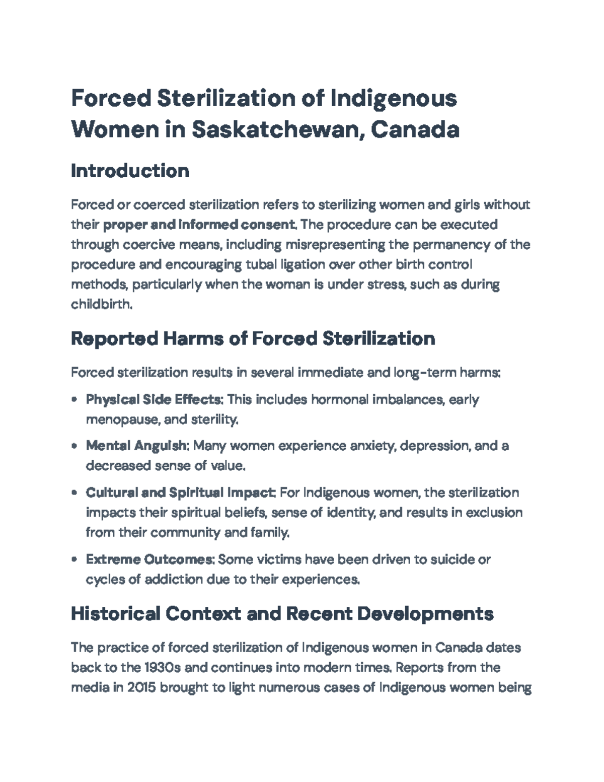 Forced Sterilization of Indigenous Women in Saskatchewan: HR Concerns ...