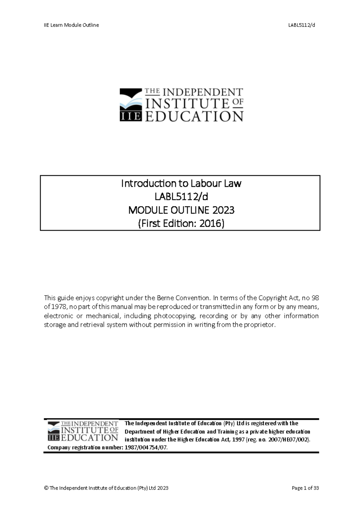 LABL5112 Module Outline: Introduction to Labour Law 2023 - Studocu