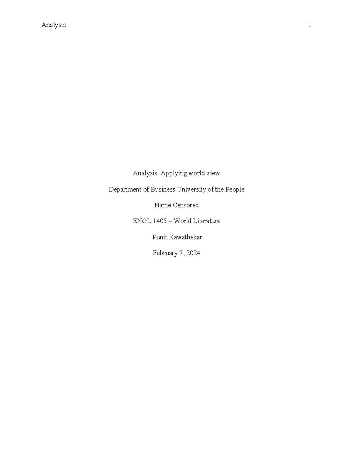 Written Assignment ENGL 1405 Words Literature Unit 1 - Analysis 1 ...