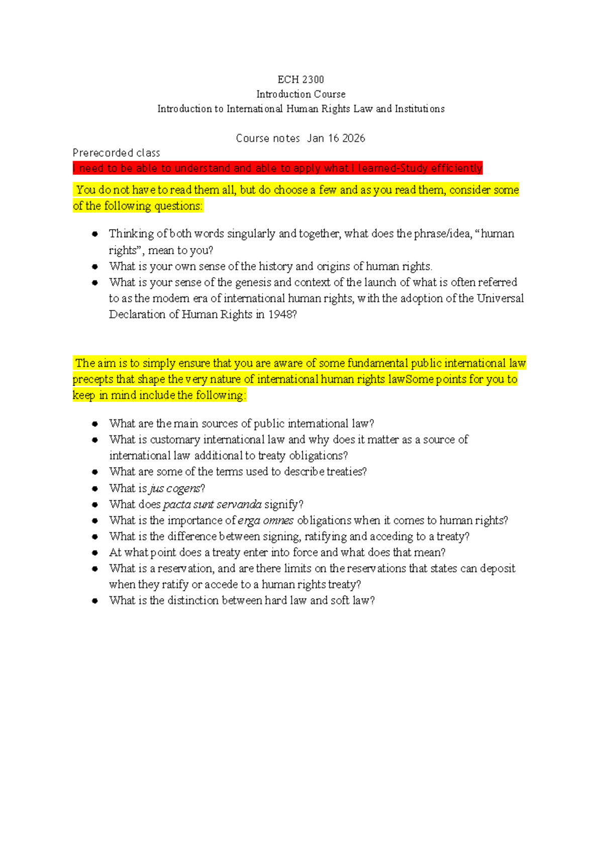 ECH 2300 - Lecture Notes on International Human Rights Law - Studocu