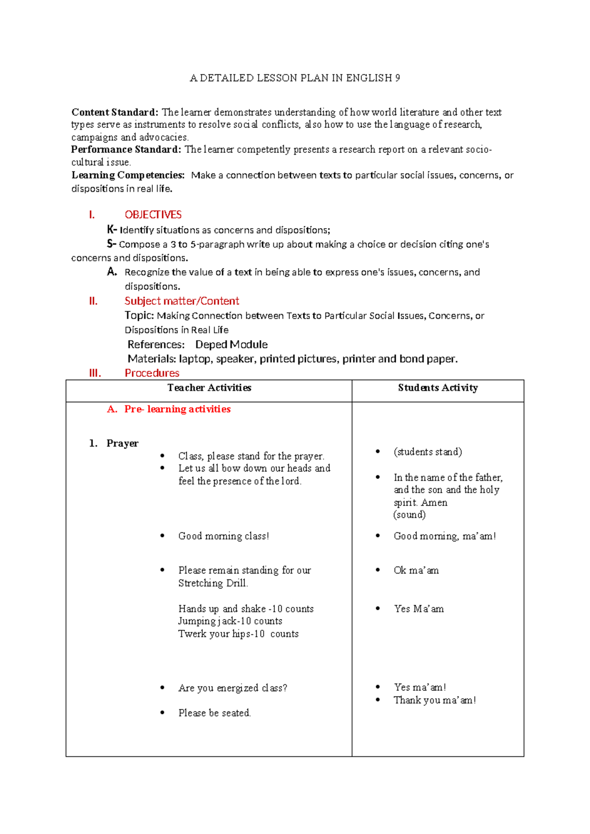 A Detailed Lesson PLAN IN English 9 - A DETAILED LESSON PLAN IN ENGLISH ...