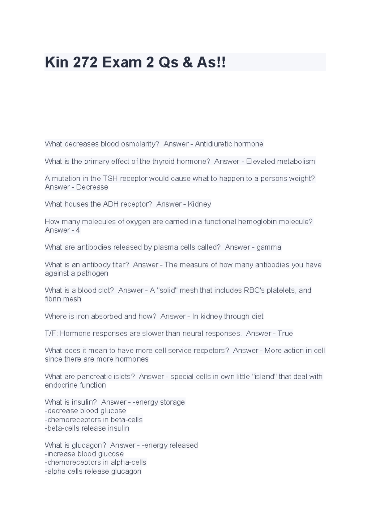Kin 272 Exam 2 Questions & Answers on Blood Osmolarity and Hormones ...