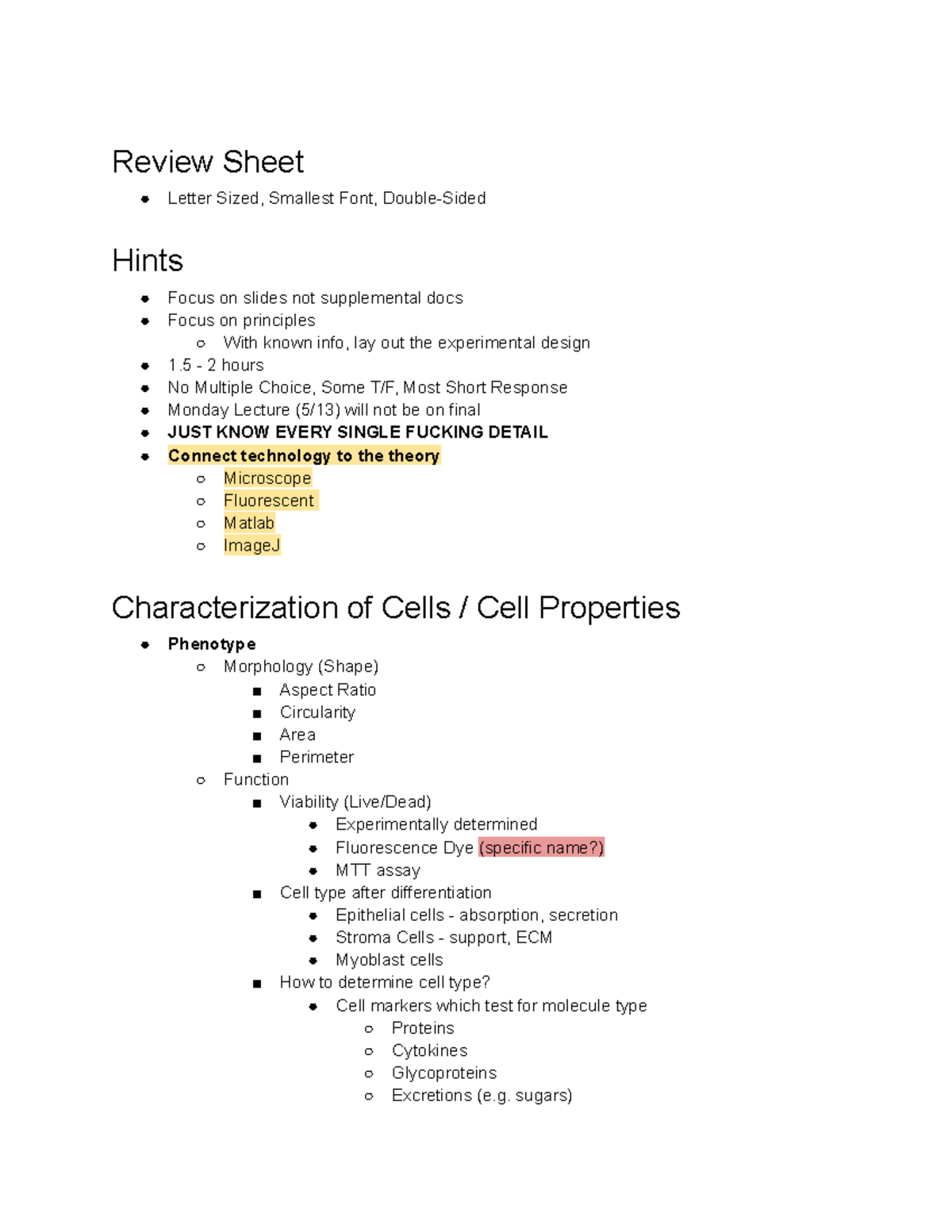BME 310 Final Exam Review Sheet: Key Concepts and Techniques - Studocu
