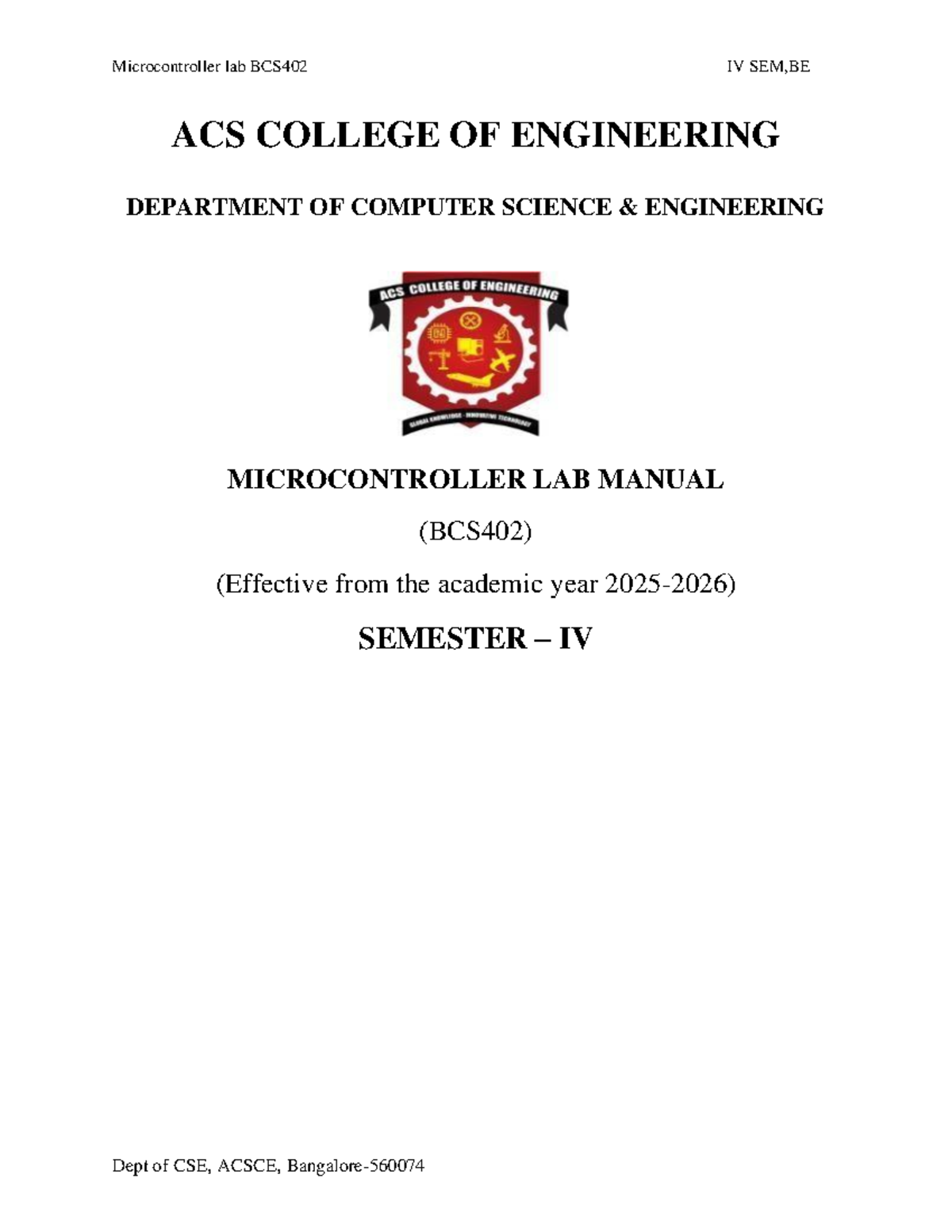 Microcontroller Lab Manual BCS402 - IV SEM, BE - Studocu