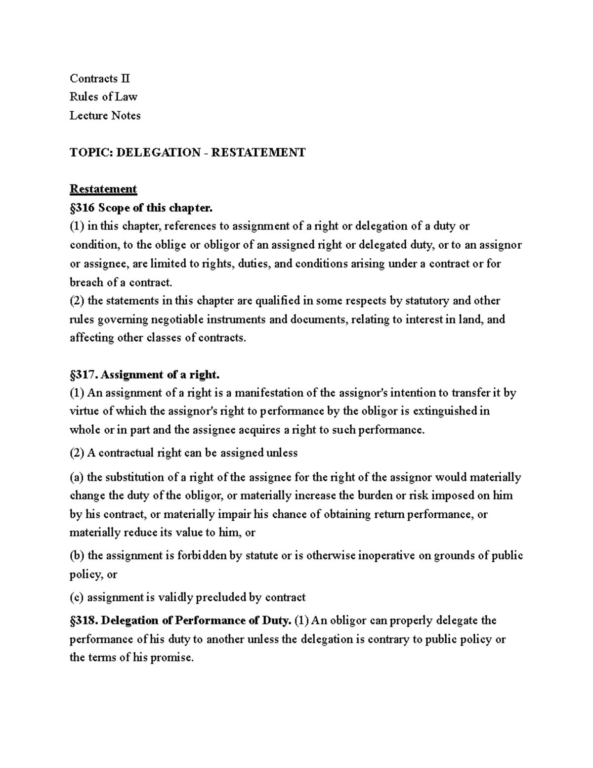 Contracts II Lecture Notes: Delegation & Restatement Rules Overview ...
