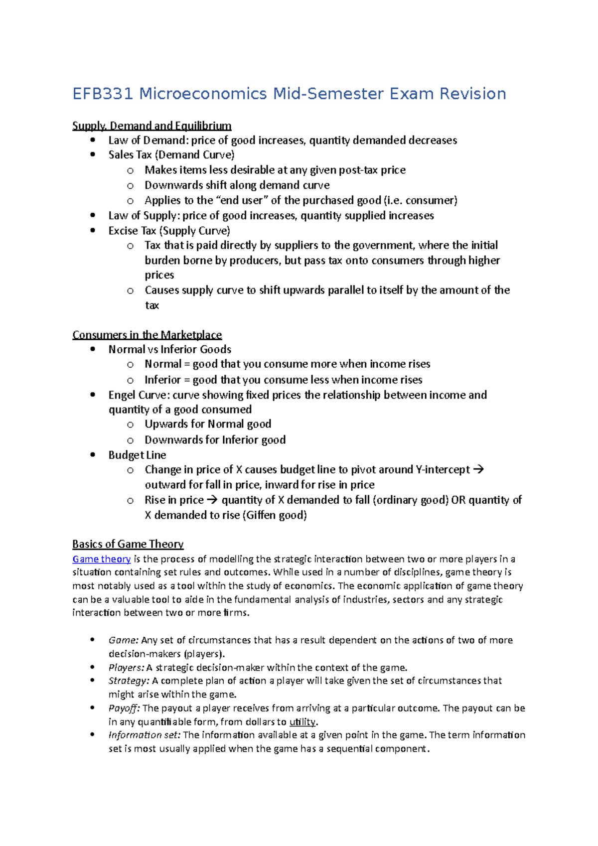 Mid Semester Exam Notes - EFB331 Microeconomics Mid-Semester Exam ...